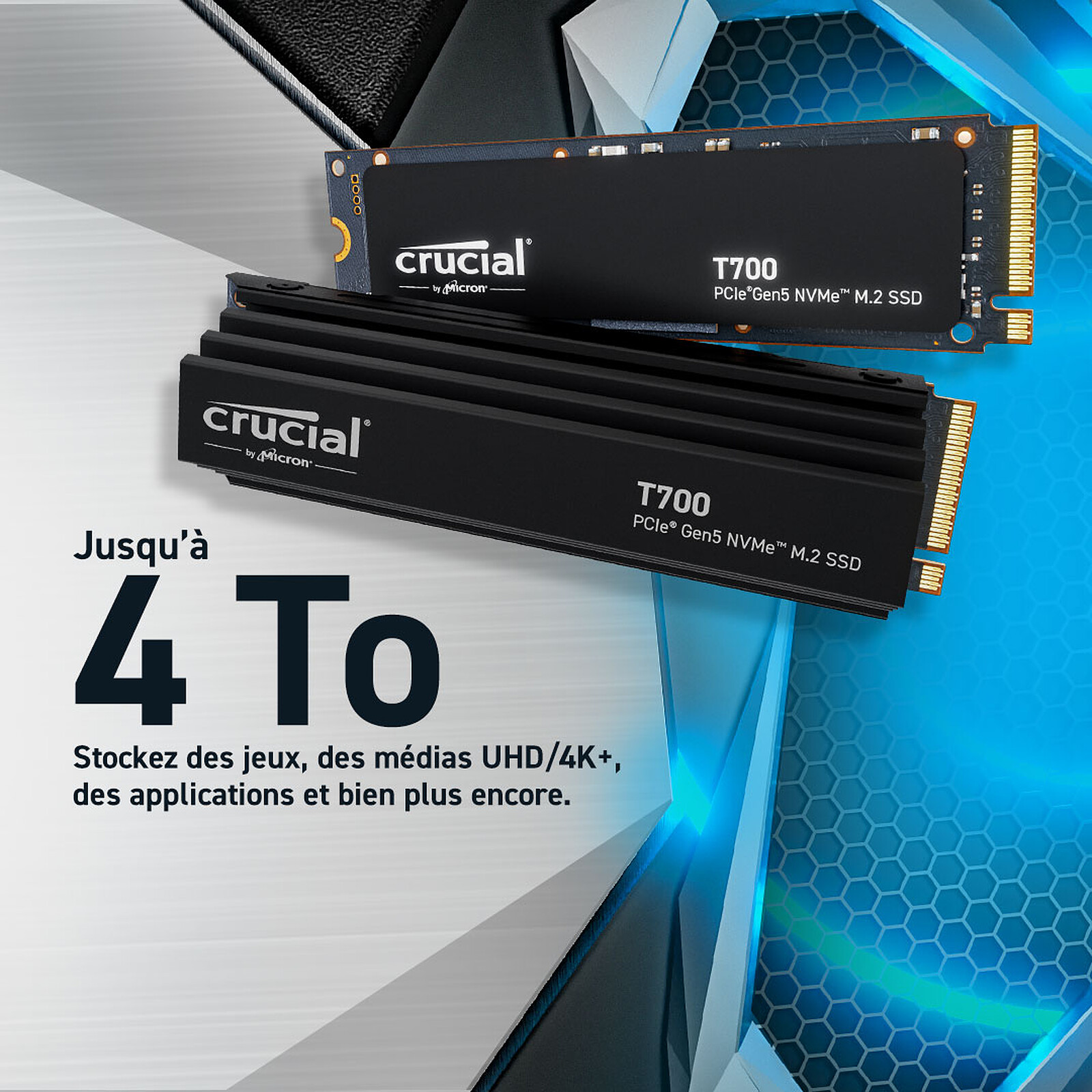 Crucial T700 1TB PCIe Gen5 NVMe M.2 SSD avec dissipateur thermique (Sans emballage)