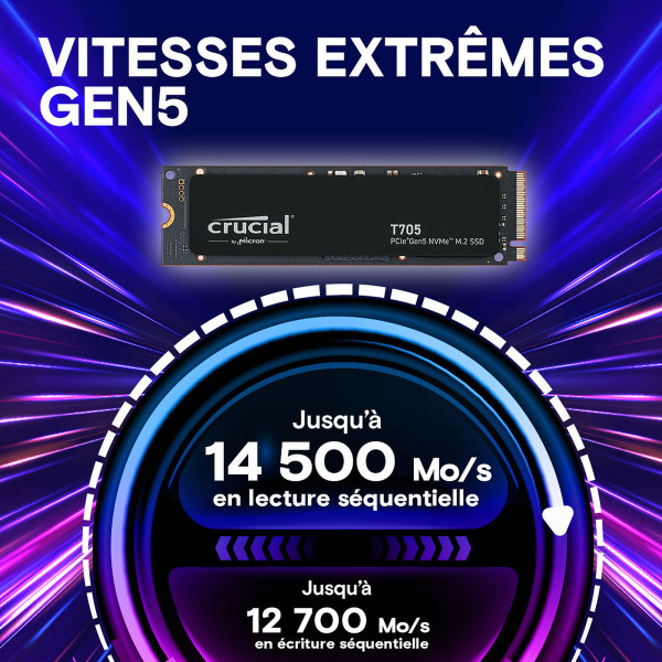 Crucial T705 1TB PCIe Gen5 NVMe M.2 SSD (Sans emballage)